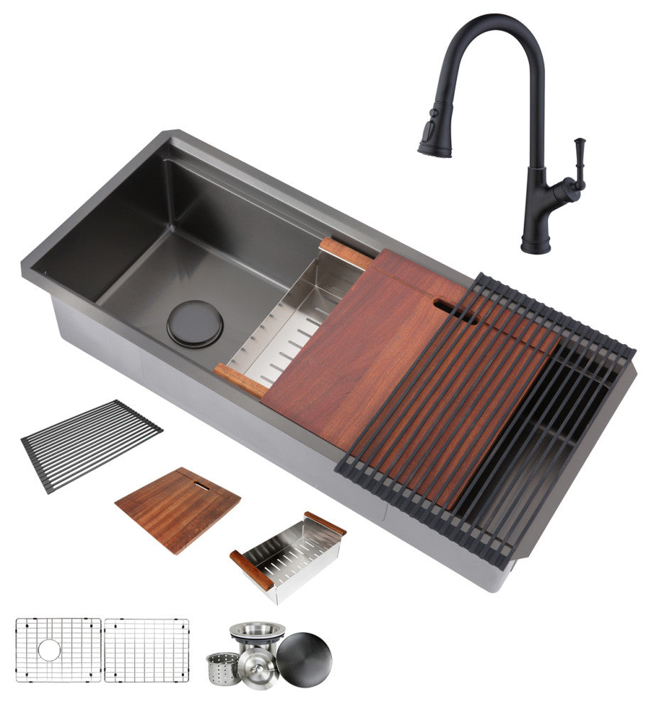 Workstation 42" Undermount Single Bowl Black Kitchen Sink With Faucet