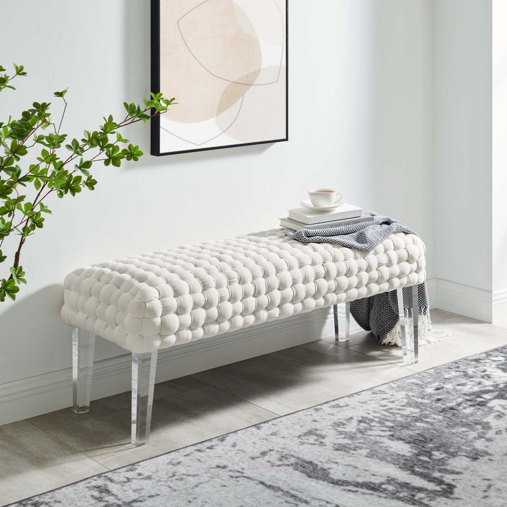 Ottoman Bench, White, Velvet, Modern, Mid Century Hotel Lounge Cafe