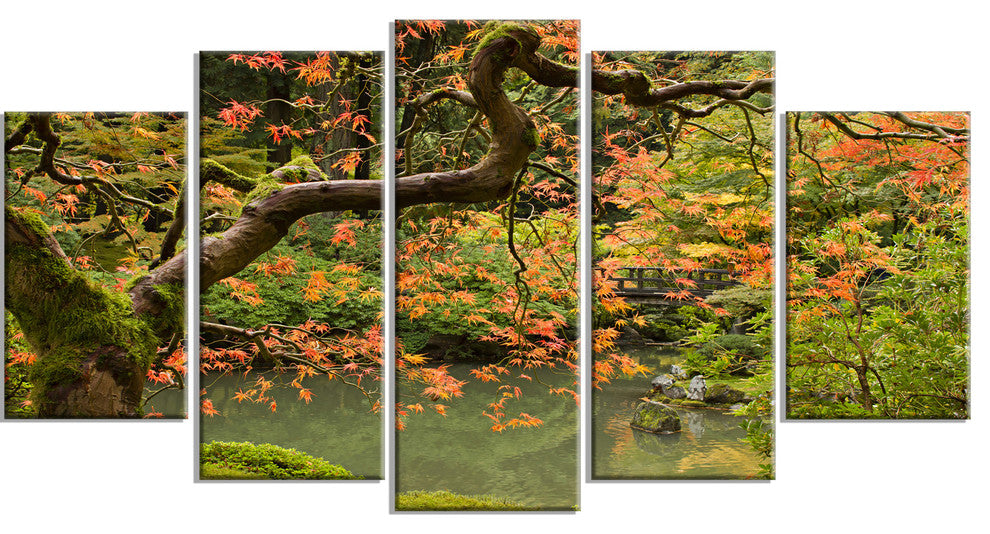 Japanese Garden Fall Season, Large Landscape Canvas Art, 60"x32", 5 Panels