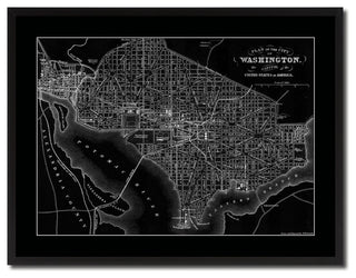 Washington DC Monochrome Map Print On Canvas With Black Custom Frame, 28" X 37"