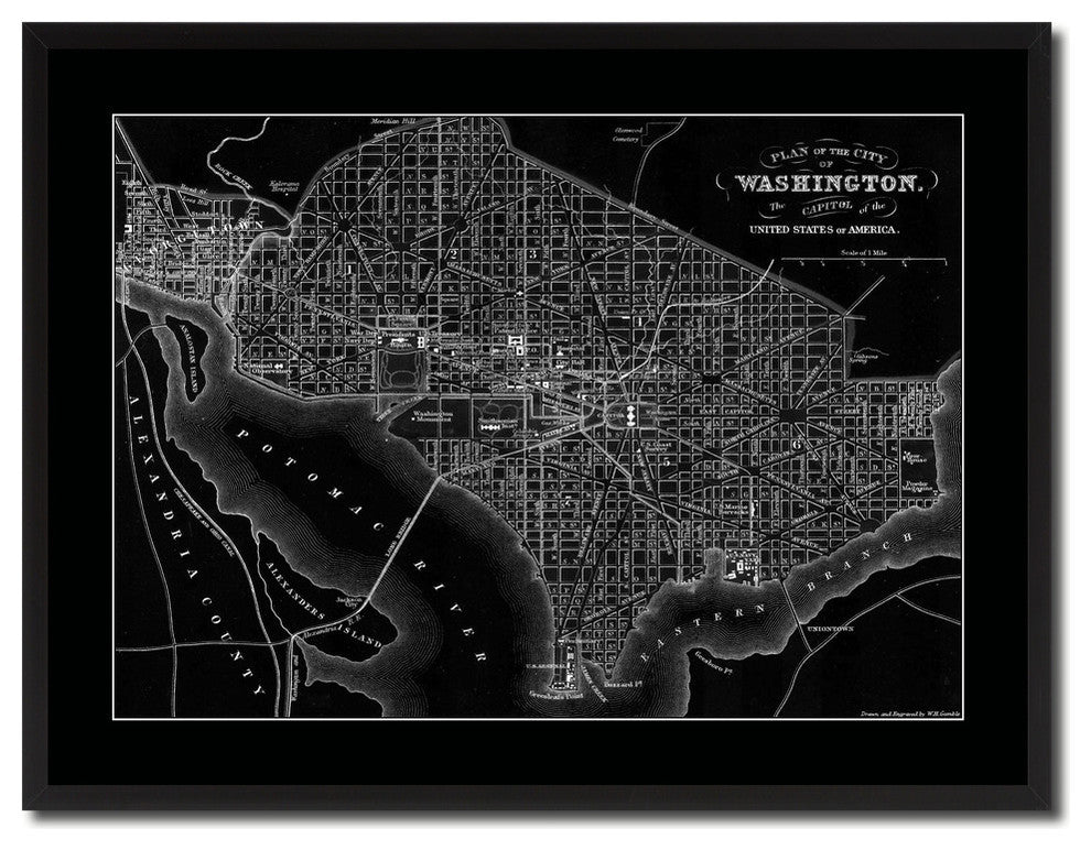 Washington DC Monochrome Map Print On Canvas With Black Custom Frame, 28" X 37"