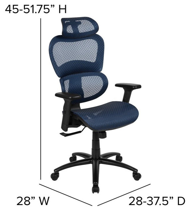 Contemporary Office Chair, Mesh Seat & Back With Adjustable Headrest, Blue