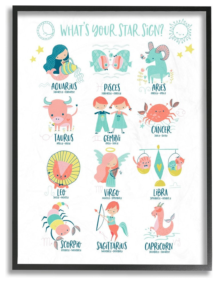 The Kids Room Fun Modern Zodiac Star Sign Cartoons Framed Giclee Art, 11"x14"