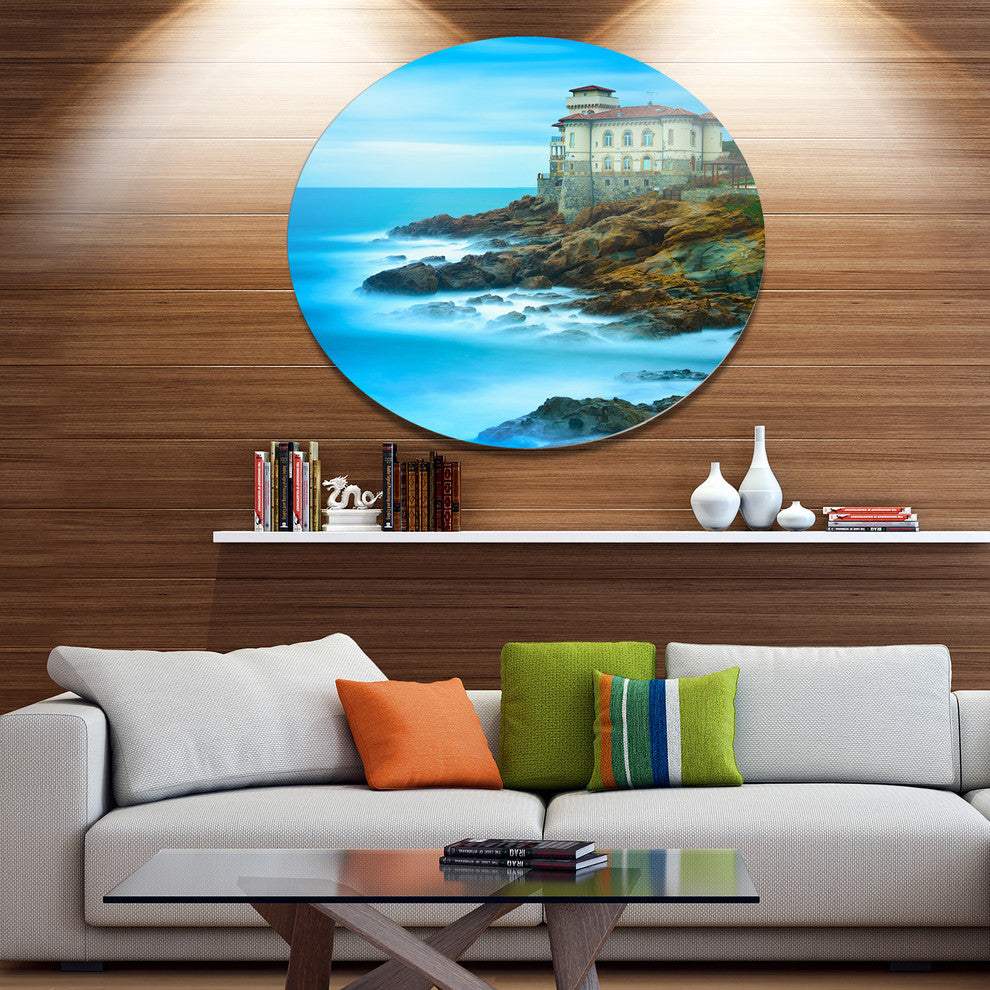 Boccale Castle On Cliff Rock And Sea, Beach Disc Metal Artwork, 11"