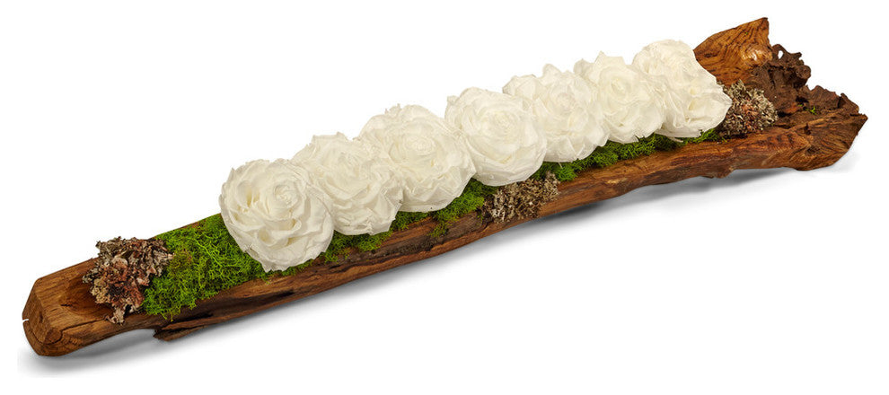 Preserved Roses in Elongated Wood Log, White