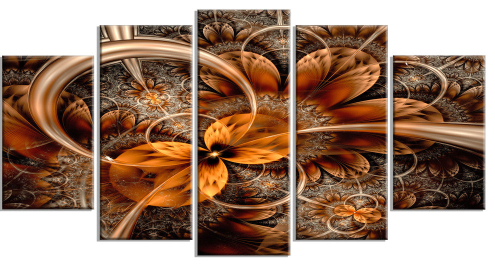 Dark Orange Fractal Flower, Contemporary Wall Art Canvas, 60"x32", 5 Panels