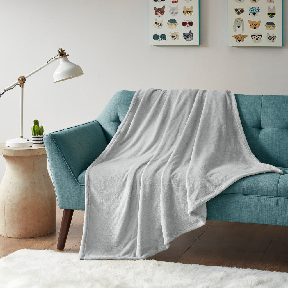 Intelligent Design Solid Microlight Plush Brushed Throw, Gray