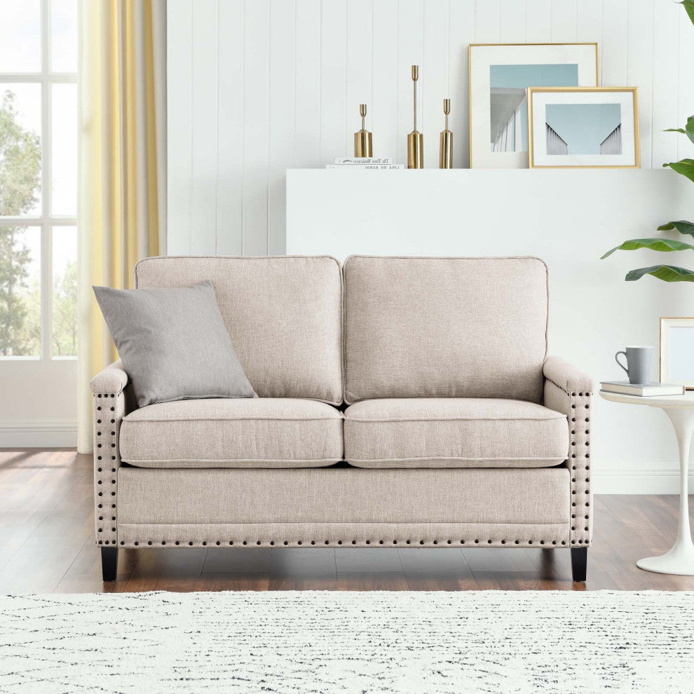 Loveseat Sofa, Fabric, Beige, Modern, Living Lounge Room Hotel Lobby Hospitality