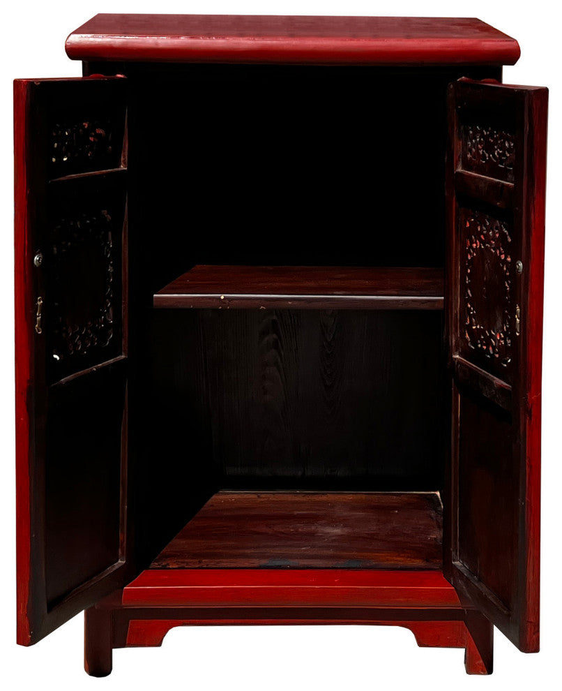 Chinese Distressed Brick Red Carving Tall Side End Table Nightstand Hcs7611
