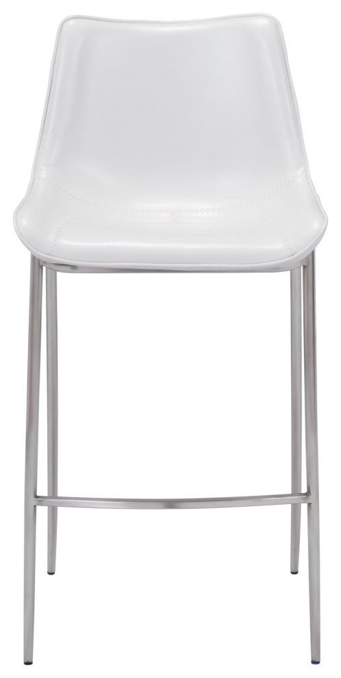 Bar Stool Chair Barstool, Set of 2, Faux Vinyl Leather, Steel, White, Silver