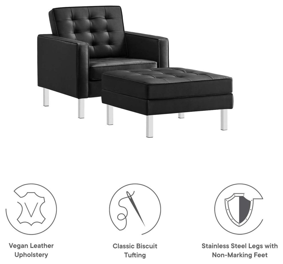 Loft Tufted Vegan Leather Armchair and Ottoman Set, Silver Black