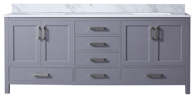 80" Dark Gray Double Vanity, White Carrara Marble Top, White Sinks, No Mirror
