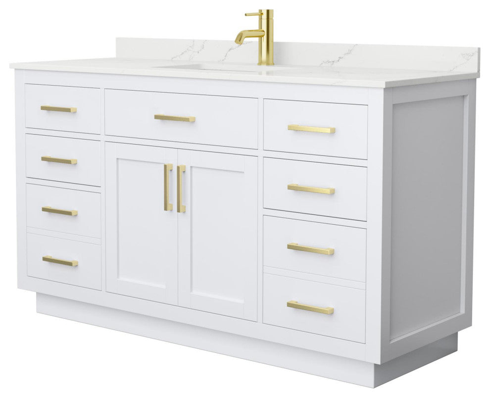 Beckett TK 60" White Single Vanity, Giotto Quartz Top, 1-Hole, Gold Trim