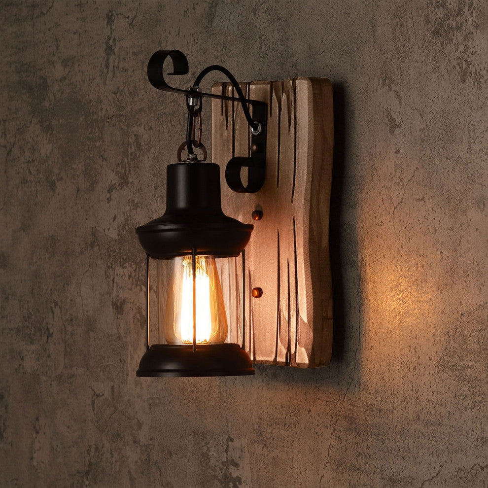 Industrial Cottage Style Clear Glass Lantern 1-Light Wall Light & Wood Backplate