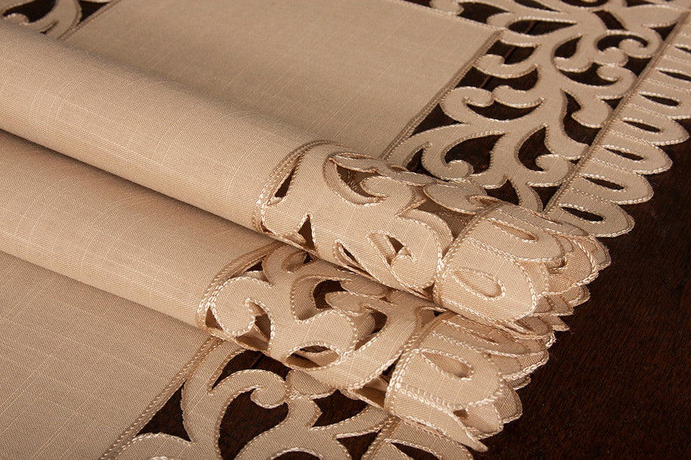 Vine Embroidered Cutwork Table Runner, Burlywood, 16"x54"