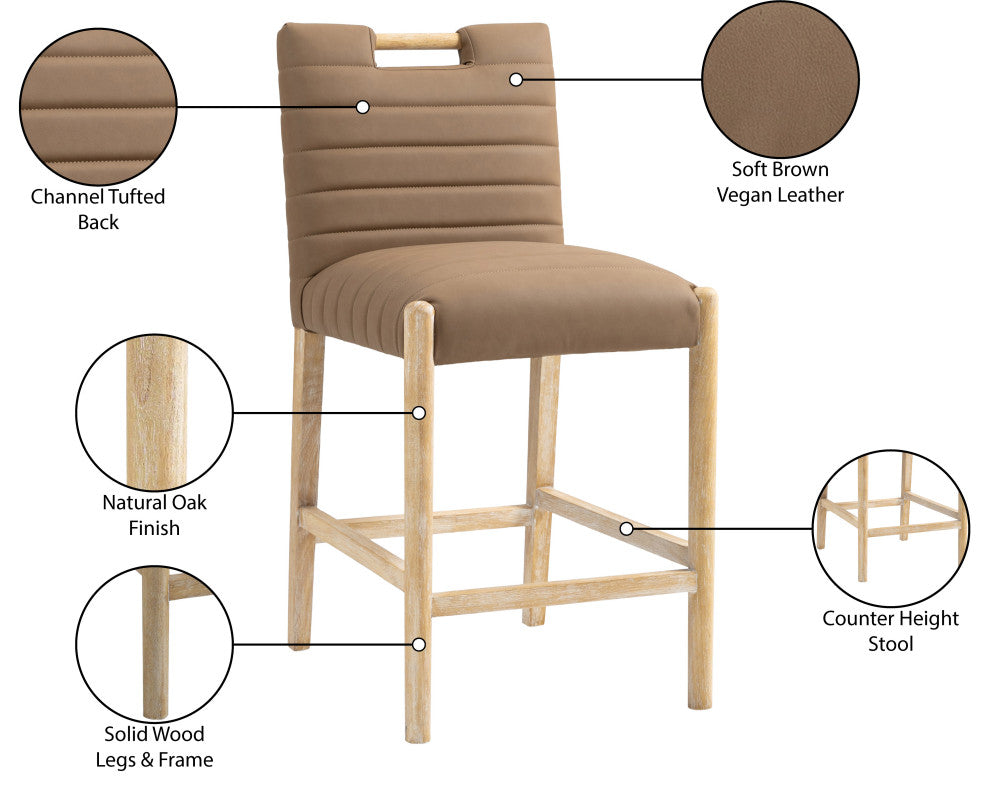 Aimee Upholstered Counter Stool, Brown, Vegan Leather, Natural Oak Finish
