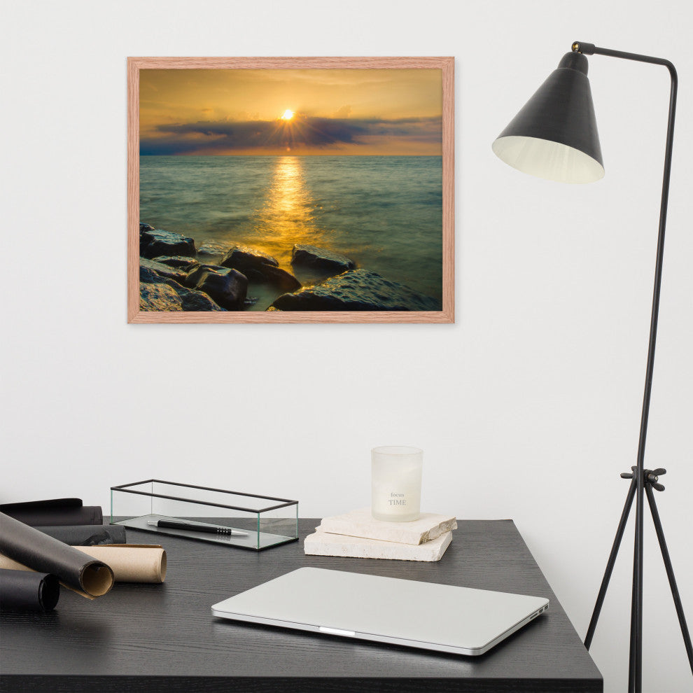 Sun Ray on the Water Coastal Landscape Framed Photo Paper Wall Art Print, Red Oak, 16" X 20"