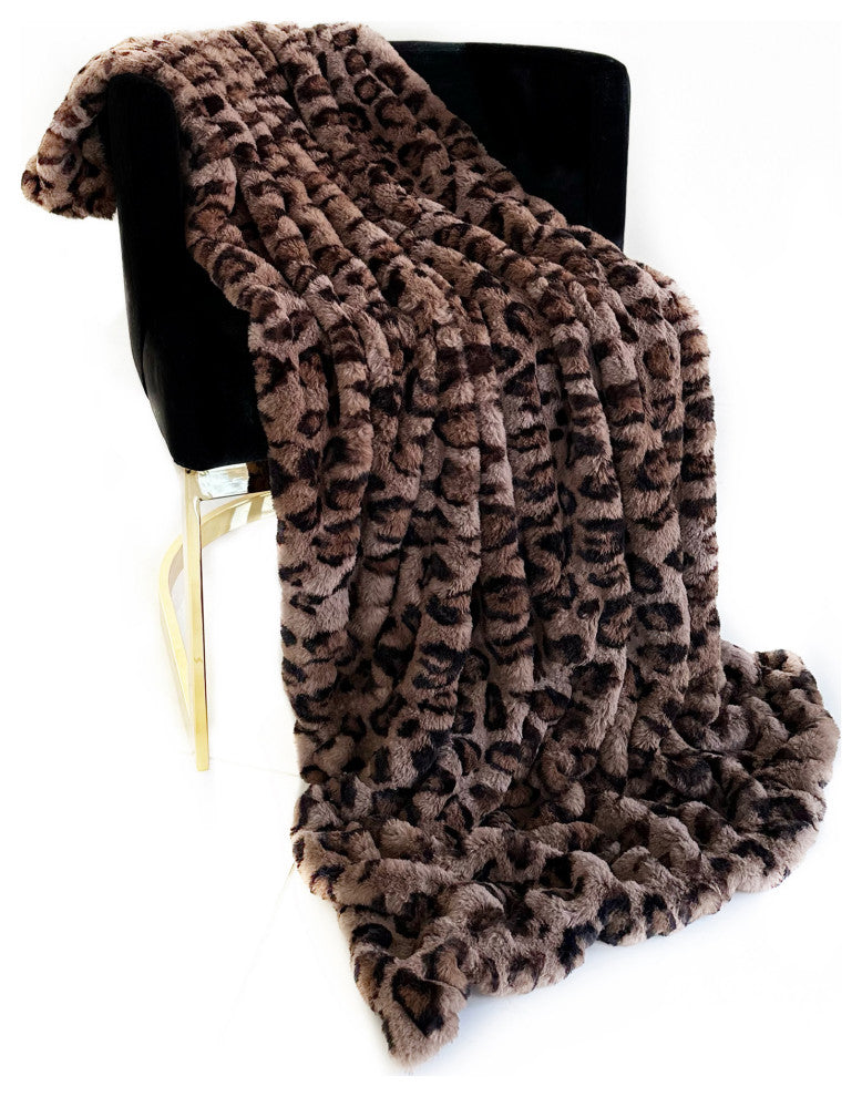 Plutus Brown Leopard Faux Fur Luxury Throw Blanket, 80"L x 90"W Twin XL