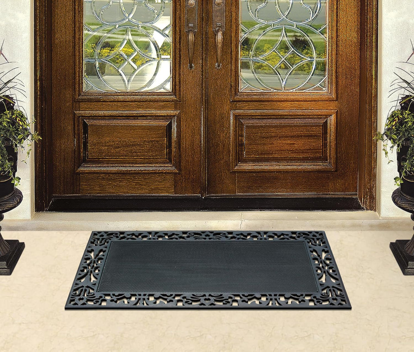 A1HC Rubber Pin Mat Paisley Border Heavy Duty Double Door Doormat 30"x48", Black