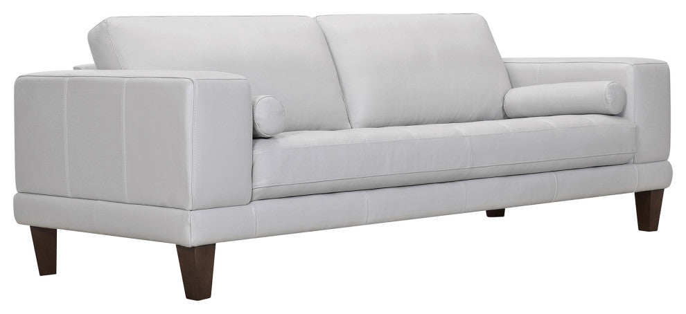 Wynne Sofa, Genuine Dove Gray Leather With Brown Wood Legs