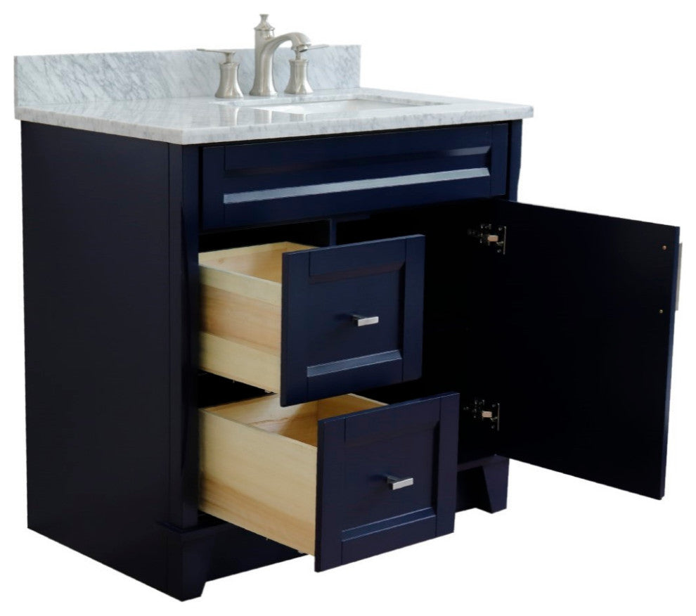 37" Single Sink Vanity, Blue Finish With White Carrara Marble