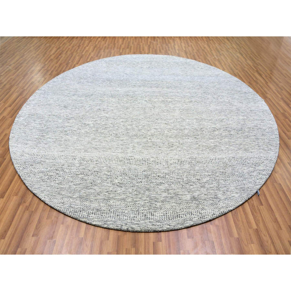 Bright Gray Undyed Natural Wool Grass Design Hand Knotted Round Rug 11'2"x11'2"