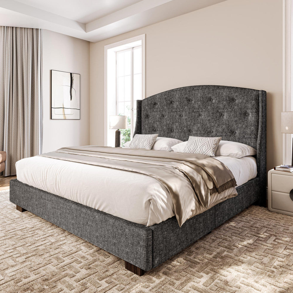 King Bed Frame with Headboard 4 Storage Drawers - Gray