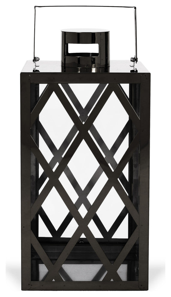 Cecil Outdoor 14" Modern Stainless Steel Lantern, Black