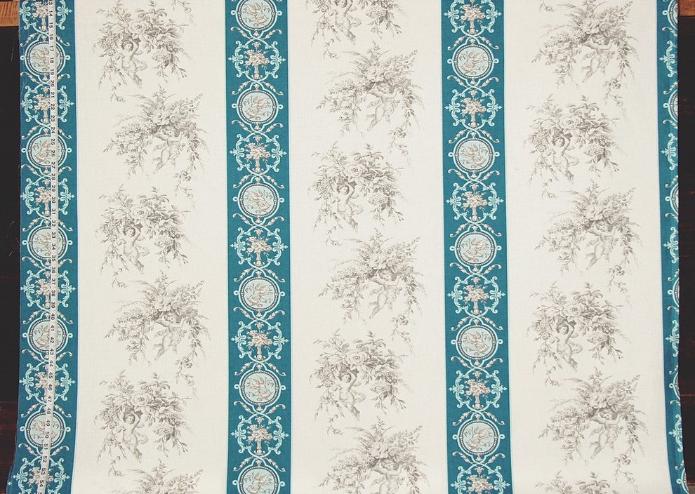 French Angel Toile Fabric Teal Blue Stripe, Standard Cut