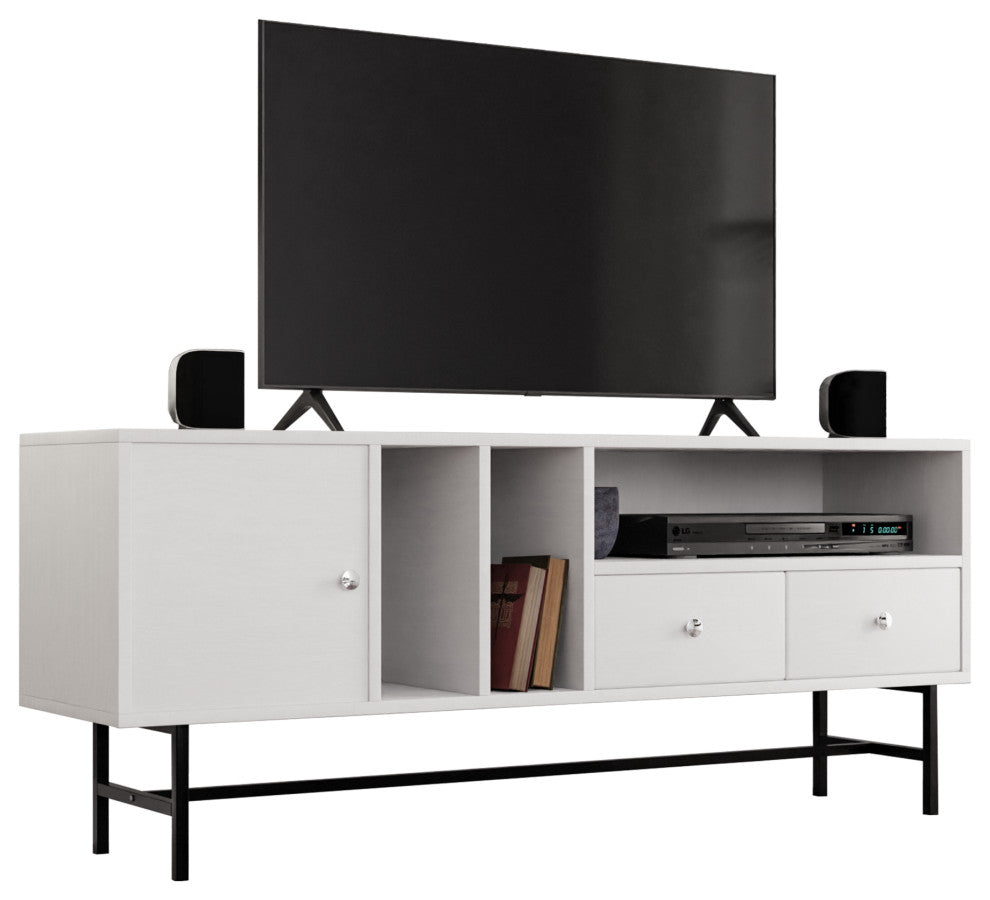 Rochester 2-Drawer 4-Shelf TV Stand Credenza with Iron Legs, White