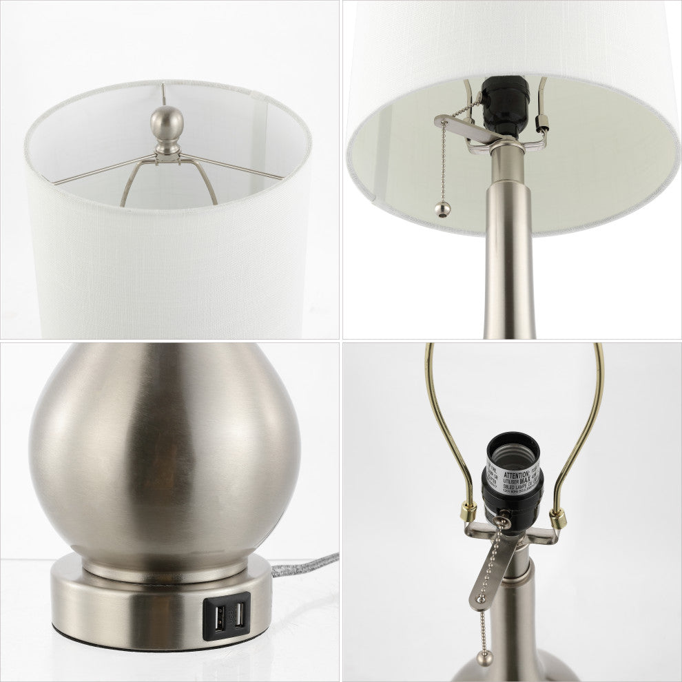 Tyler 24" Gourd Iron LED Table Lamp With Pull-Chain, USB Ports, Set of 2, Nickel