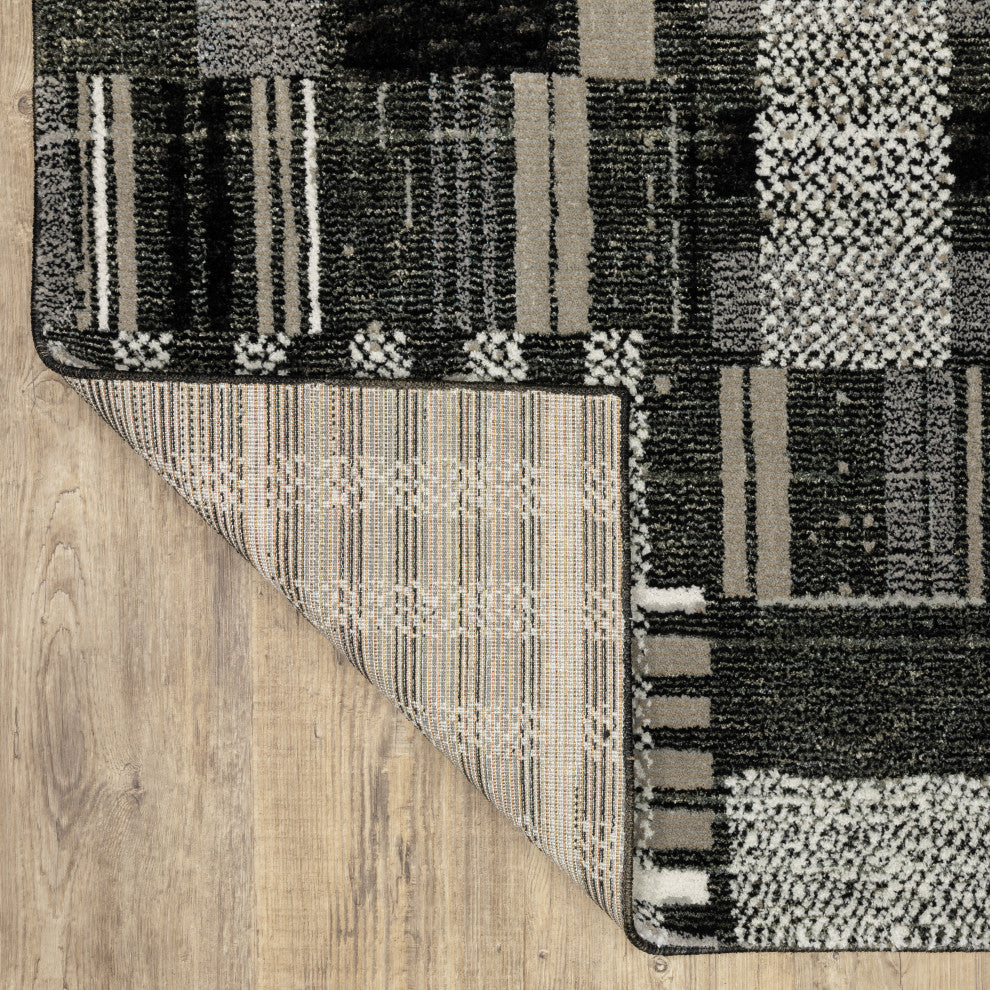 Aegina Distressed Plaid Area Rug, Black/ Grey, 2'3" X 8'