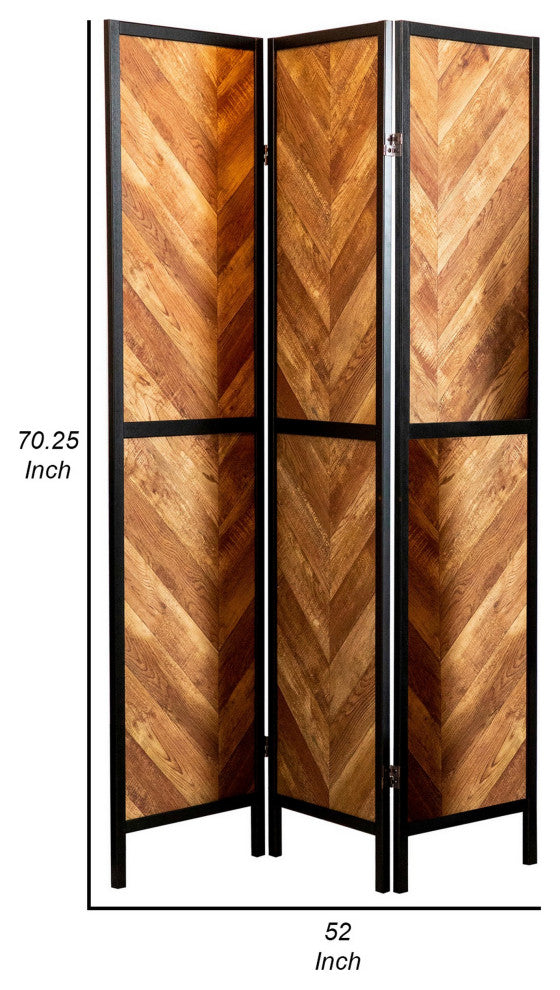 Benzara BM282036 Modern 3 Panel Folding Room Divider, Herringbone Pattern, Brown