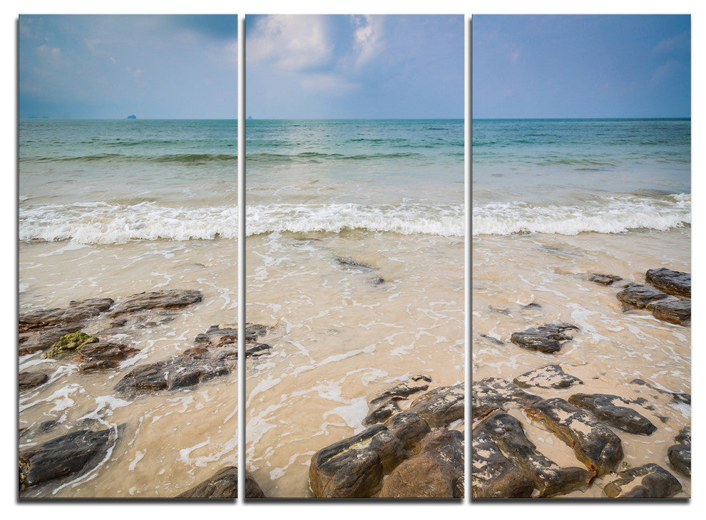 "Rocks on Typical Tropical Beach" Beach Metal Wall Art, 3 Panels, 36"x28"