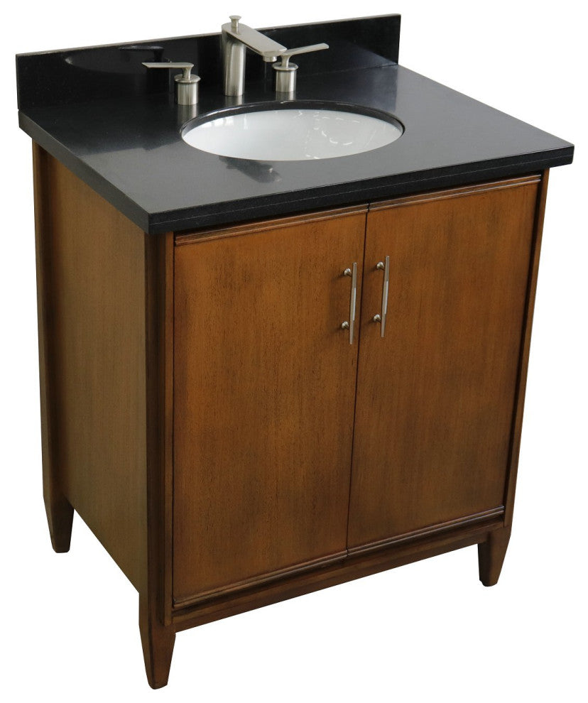 31" Single Sink Vanity, Walnut Finish, Black Galaxy Granite With Oval Sink