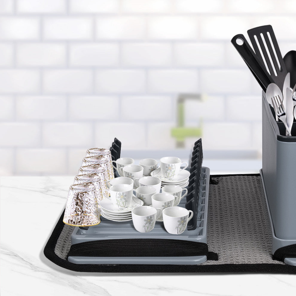 Dish Rack Set with Sponge Drying Mat in Gray
