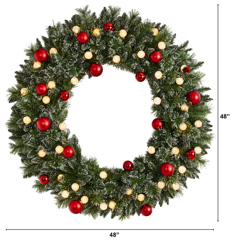 4' Oversized Pre-Lit Frosted Holiday Xmas Wreath W/ Ornaments & Globe Lights