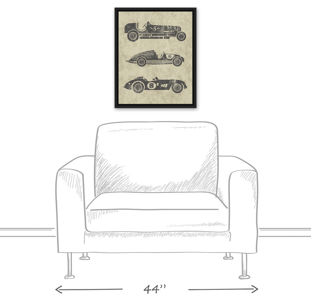 Vintage Race Cars 16x20 Black Floating Framed Canvas