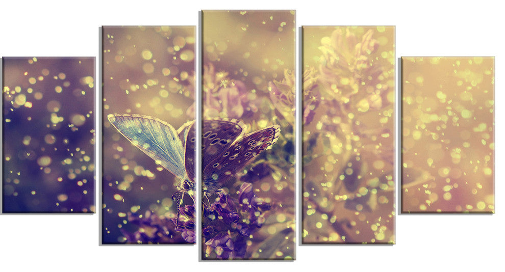 Blue Butterfly And Purple Flowers, Large Floral Canvas Print, 60"x32", 5 Panels