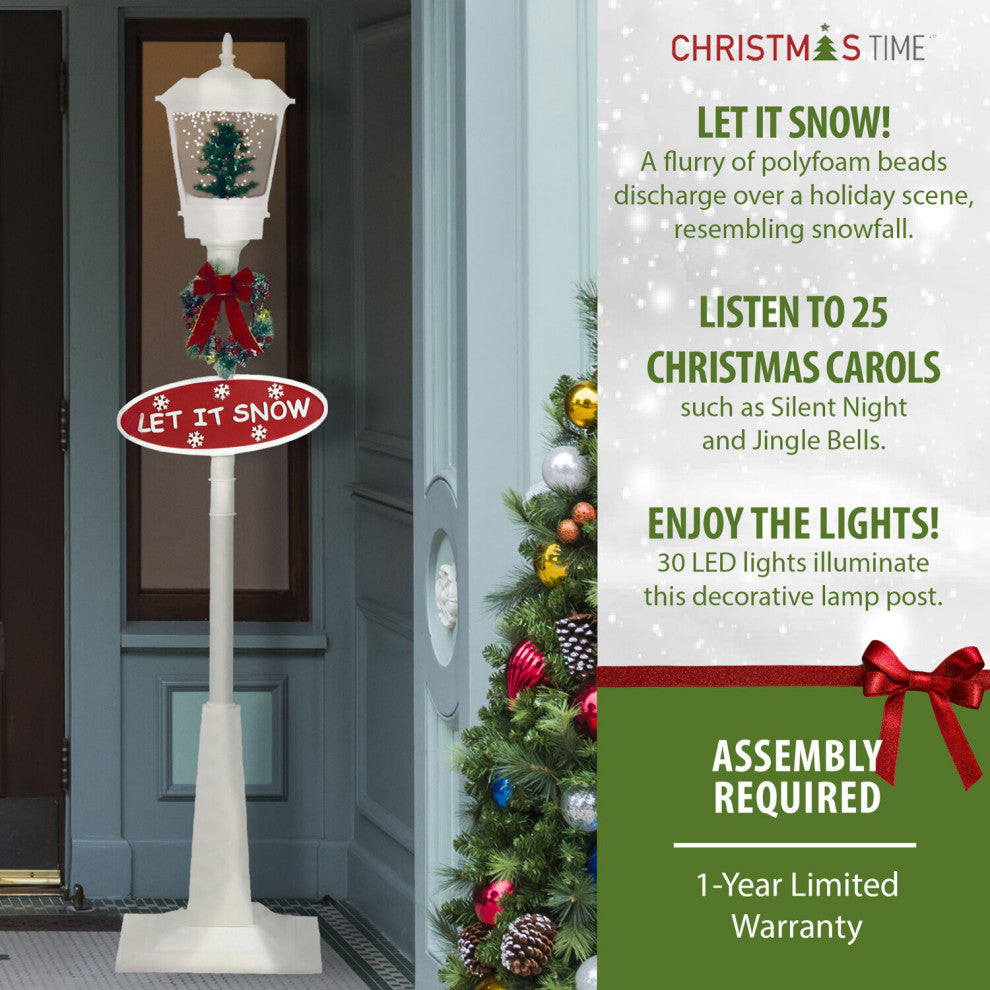71" Musical Snowy Street Lamp WithChristmas Tree Scene, 2 Signs, White