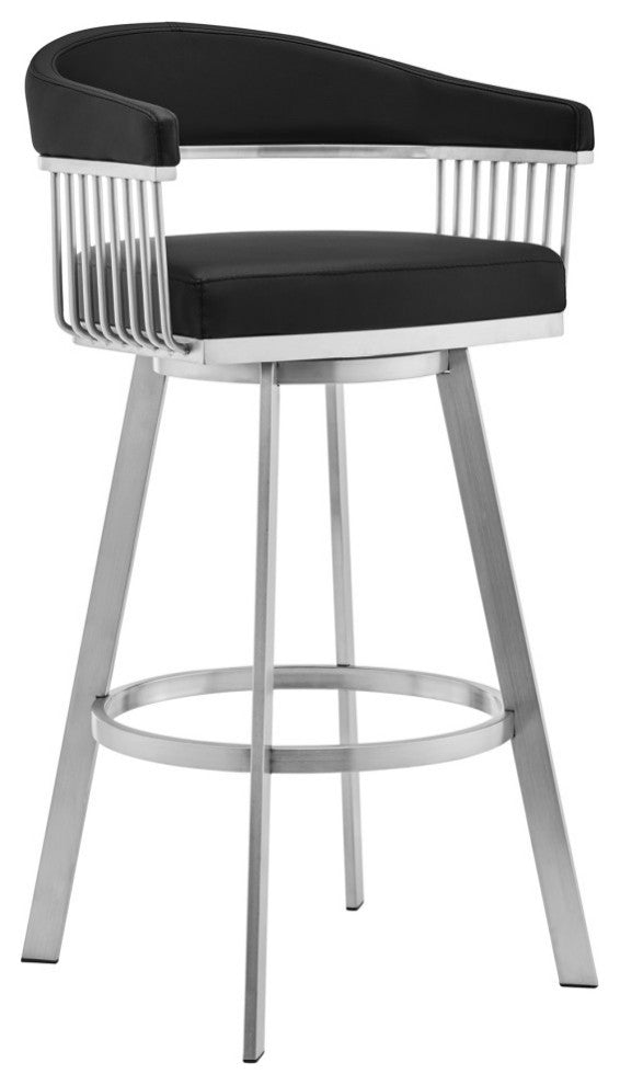 Chelsea Black Faux Leather and Brushed Stainless Steel Swivel Bar Stool, 26"