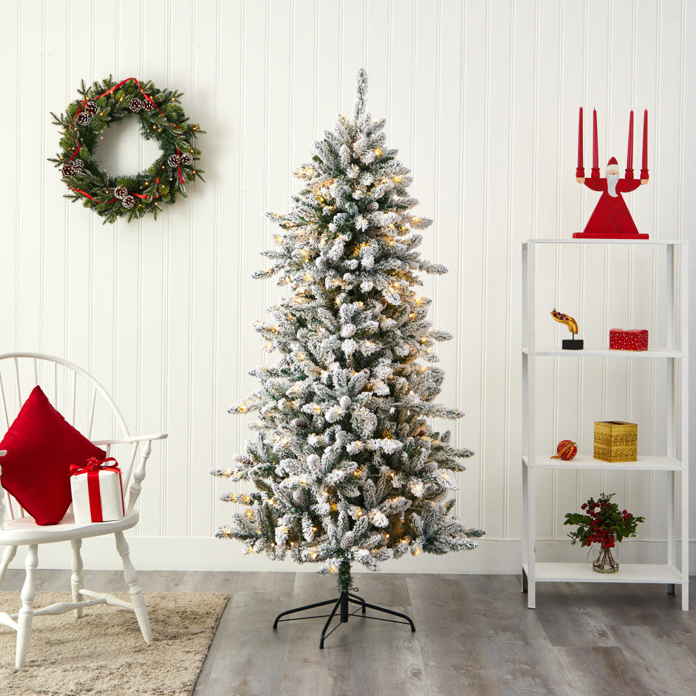 6' Flocked Livingston Fir Faux Xmas Tree With Pine Cones & 300 Clear Warm Lights