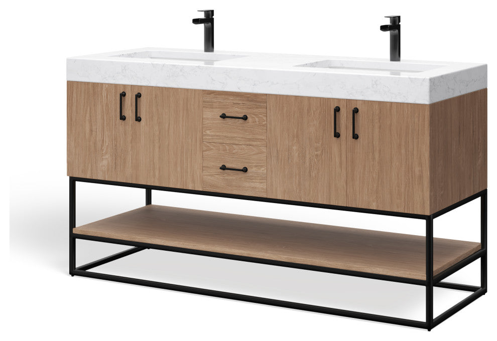 Bahia Bath Vanity, Oak, 60", Matte Black Hardware, Double, Freestanding