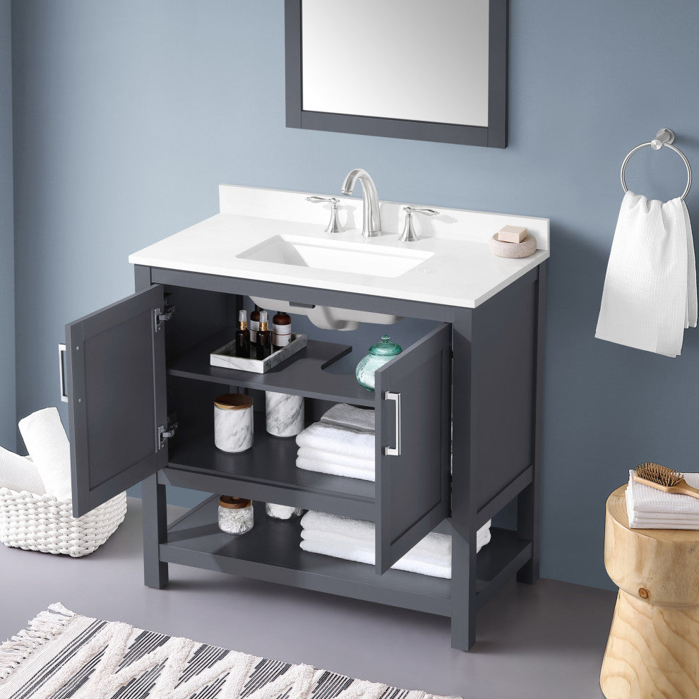 Ove Decors Vegas Single Sink Bathroom Vanity Set With Countertop, White, Dark Charcoal, 36"