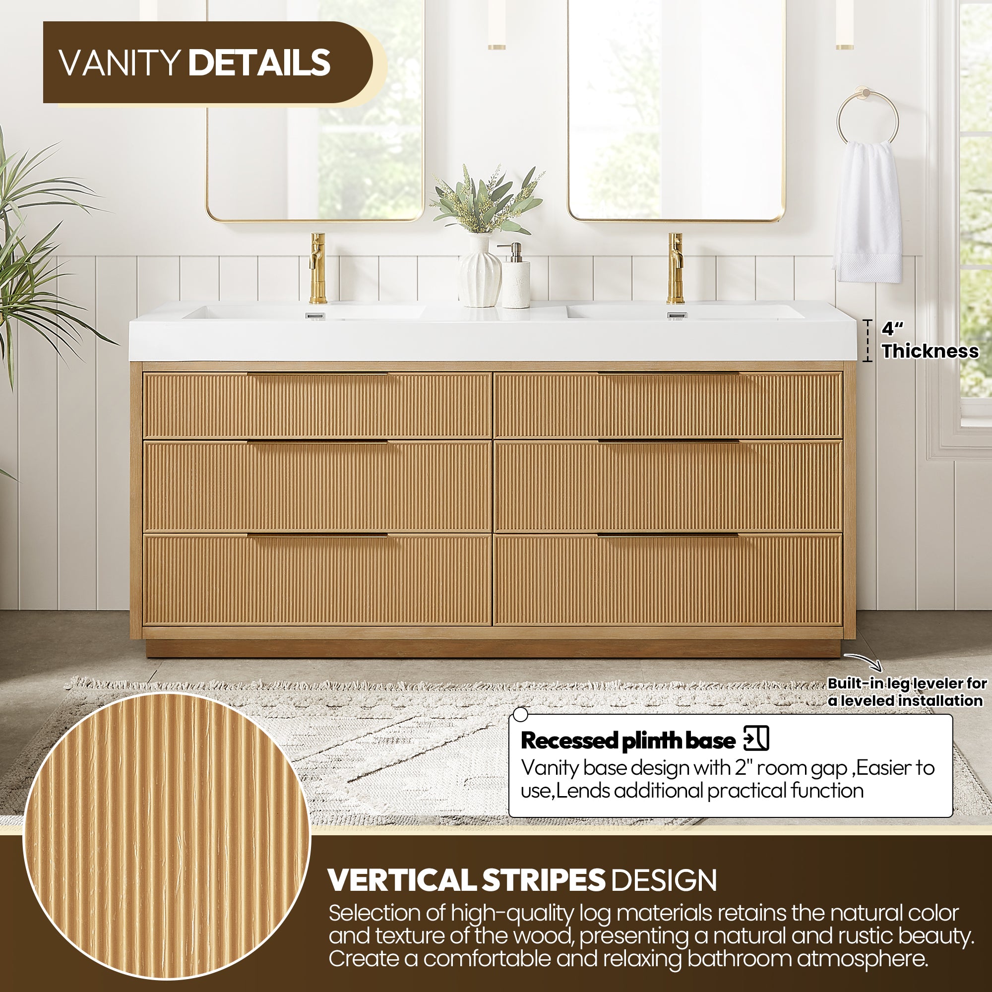 Hohhot Bath Vanity, Stone Sink Top No Mirror, Washed Ash Gray, 72", Double Vanity
