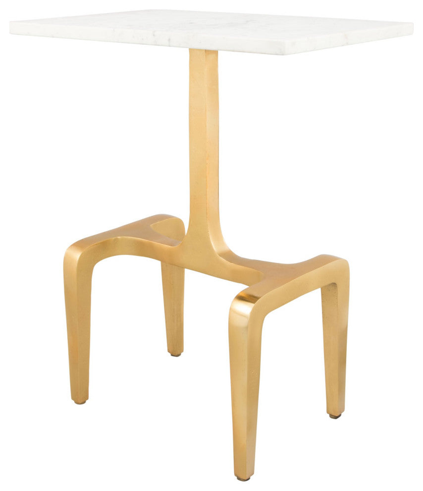 Sofa Side Table, Rectangular, Artificial Marble, Aluminum Metal, White, Gold