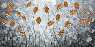 Golden Leaves on Textured Grey Hand-Painted Canvas Art
