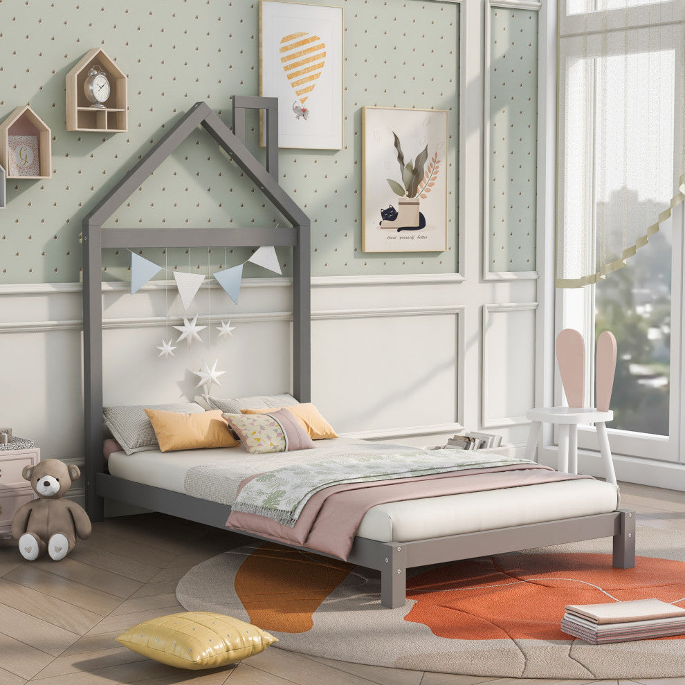 Gewnee  Wood Twin Platform Bed with House Shaped Headboard in Gray