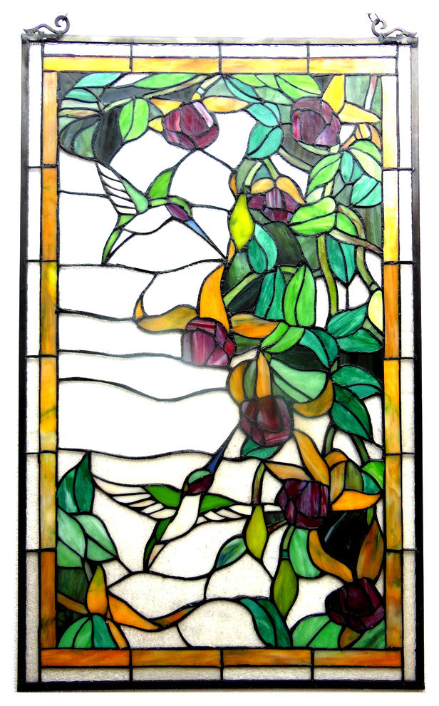 Tiffany-glass Hummingbirds Design Window Panel 20x32