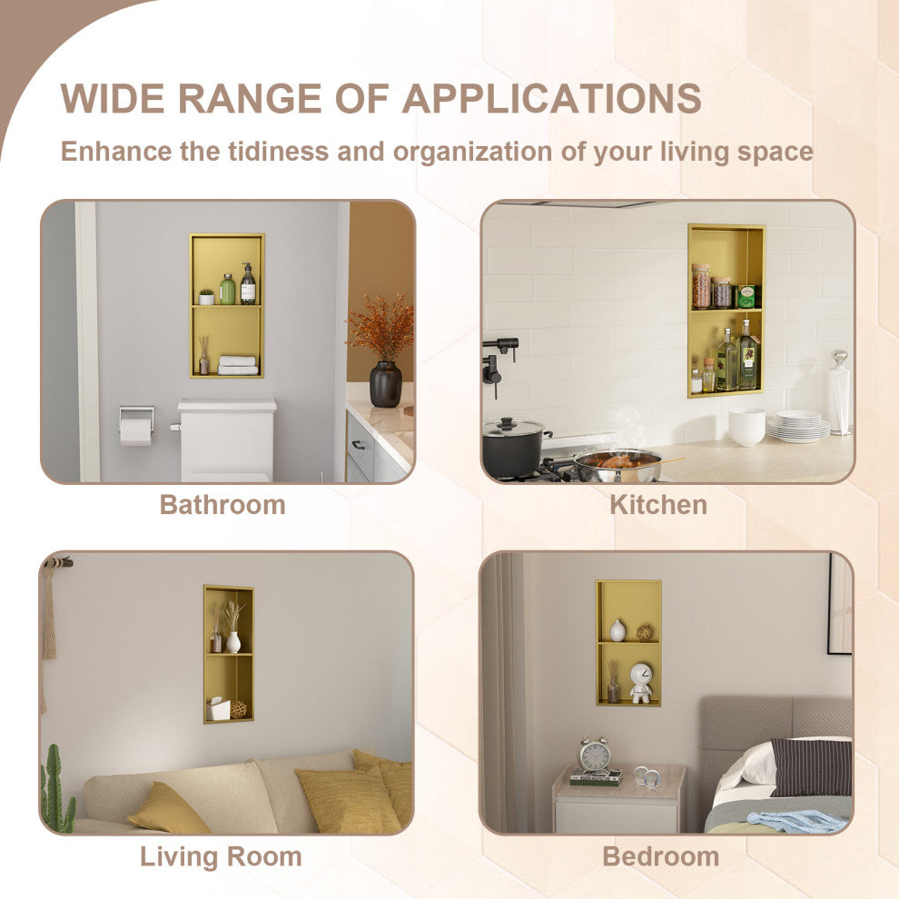 Stainless Steel Shower Niche Recessed Double Layer No Tile Needed , Gold
